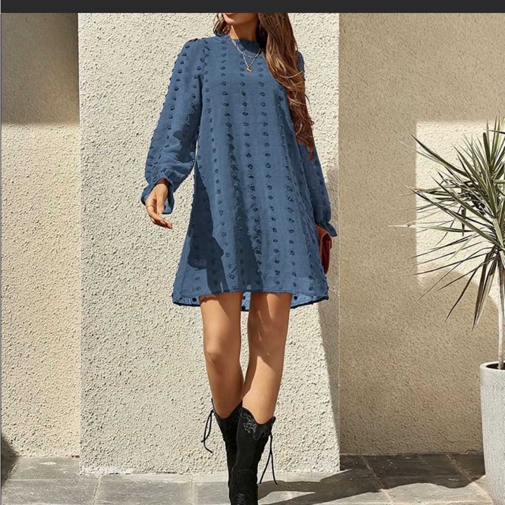 Adibosy New Long Sleeve Swiss Dot Mini Dress, Small